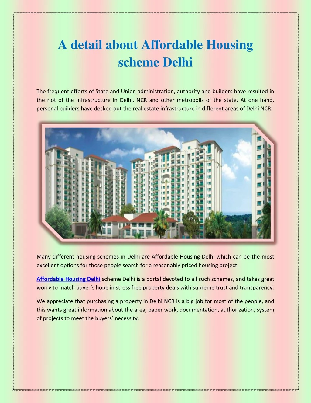 a detail about affordable housing scheme delhi