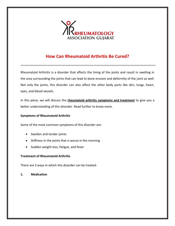 Discuss about Rheumatoid Arthritis Symptoms and Treatment