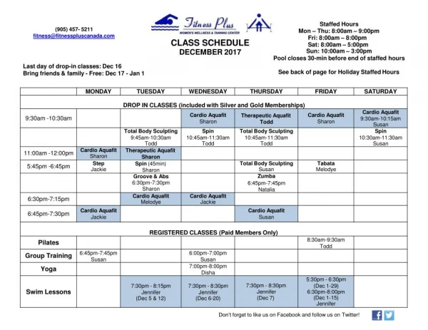 Dec 2017 class schedule