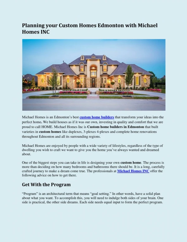 Planning your Custom Homes Edmonton with Michael Homes INC