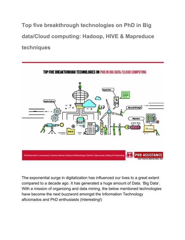 Top five breakthrough technologies on PhD in Big data/Cloud computing: Hadoop, HIVE & Mapreduce techniques