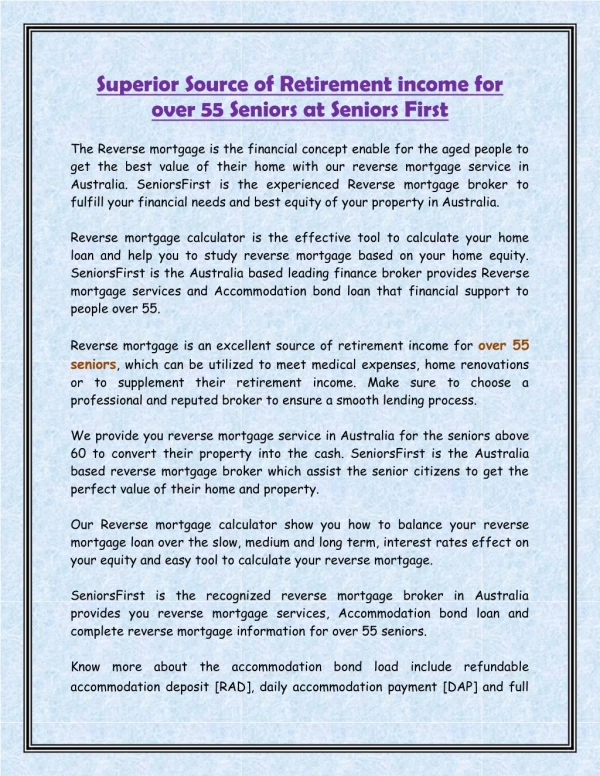 Superior Source of Retirement income for Over 55 Seniors at SeniorsFirst