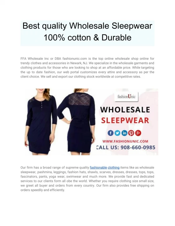 Best quality Wholesale Sleepwear- 100% cotton & Durable