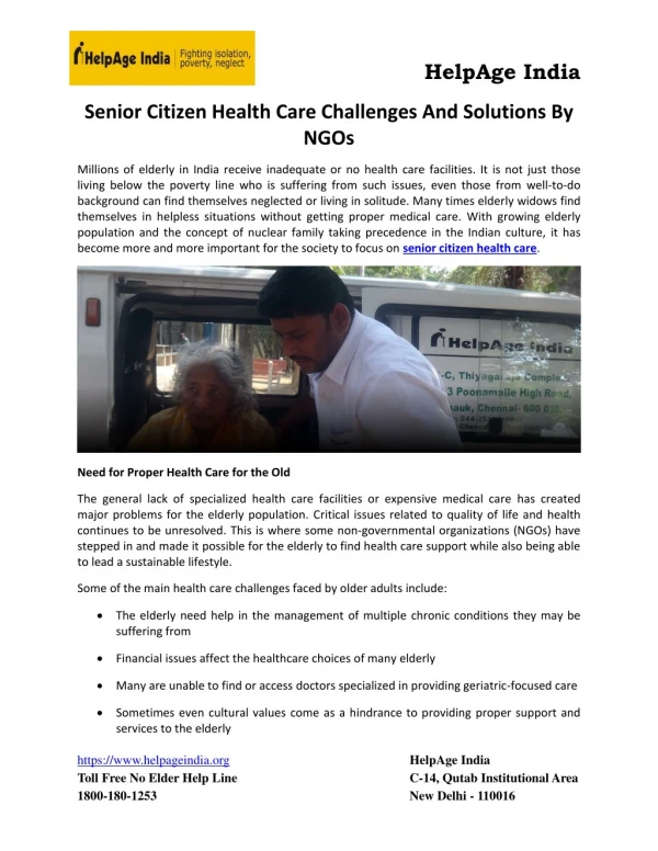 Senior Citizen Health Care Challenges & Solutions By NGOs