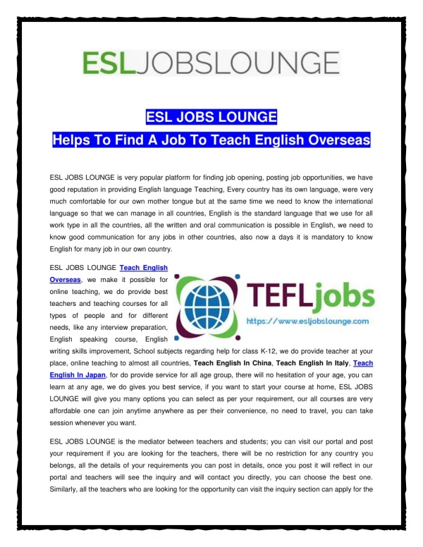 ESL JOBS LOUNGE Helps To Find A Job To Teach English Overseas