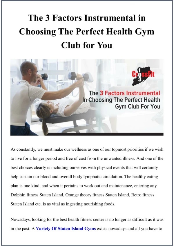 The 3 Factors Instrumental in Choosing The Perfect Health Gym Club for You