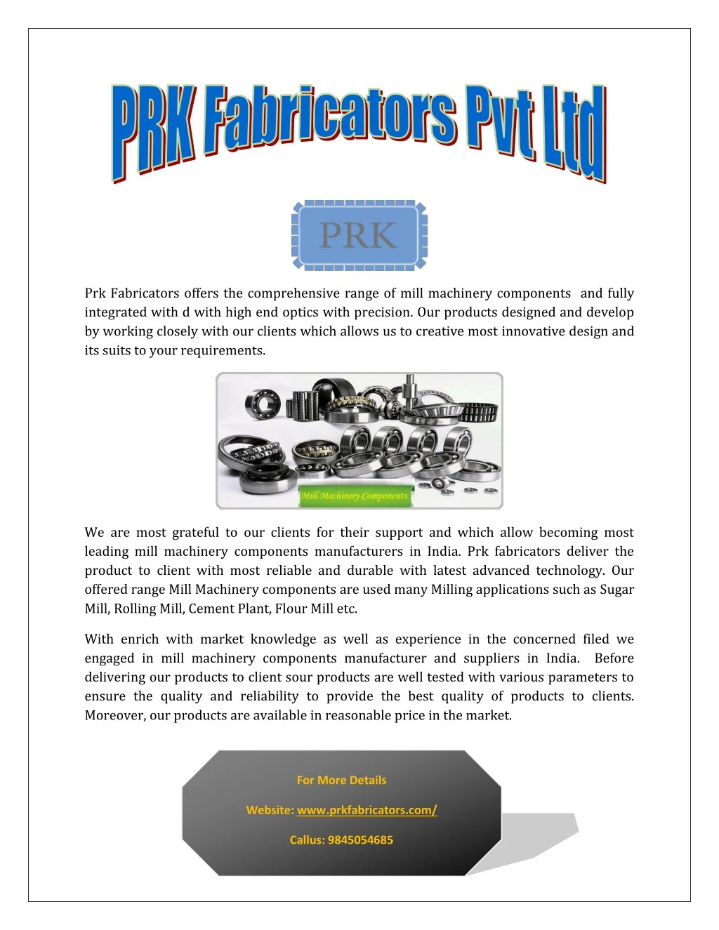 prk fabricators offers the comprehensive range