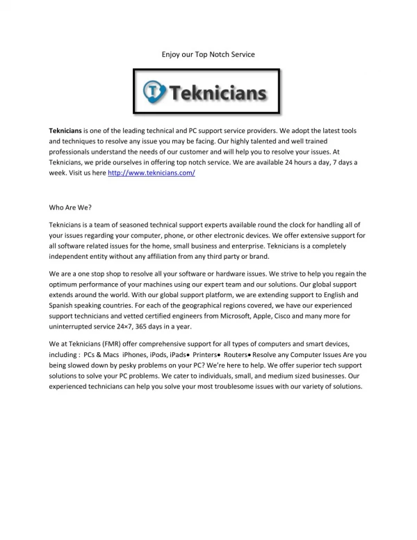 Technical Support Services Tecknicians