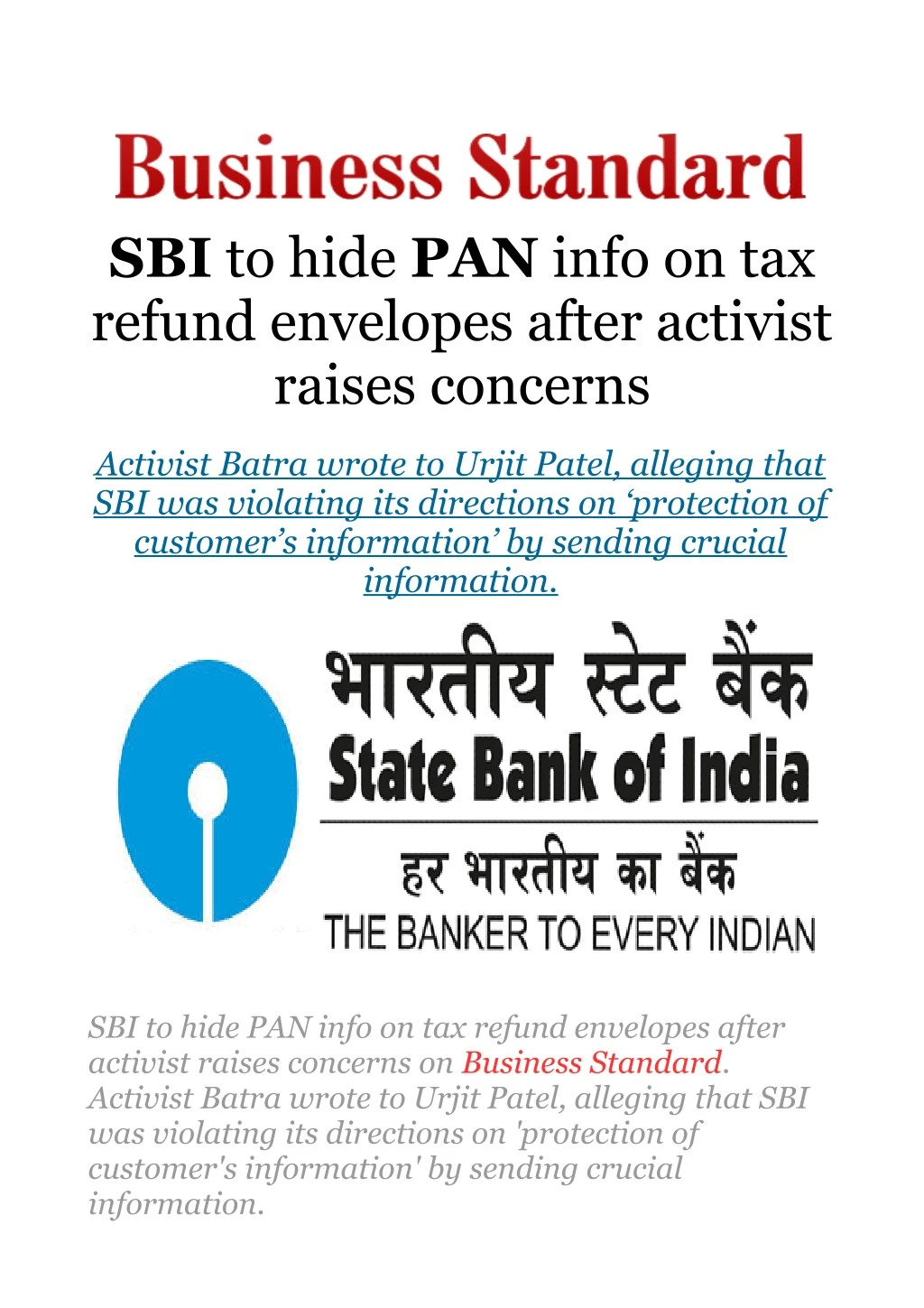 sbi to hide pan info on tax refund envelopes
