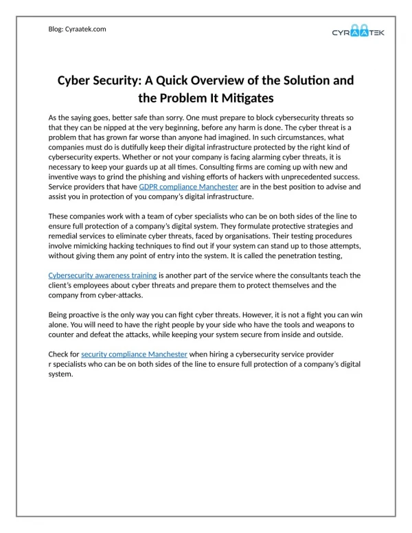 Cyber Security: A Quick Overview of the Solution and the Problem It Mitigates