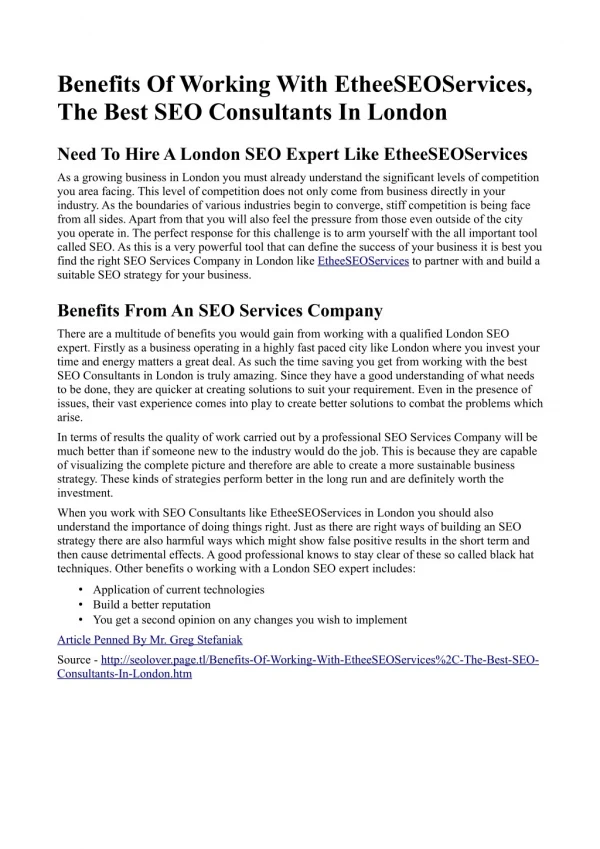 Benefits Of Working With EtheeSEOServices, The Best SEO Consultants In London