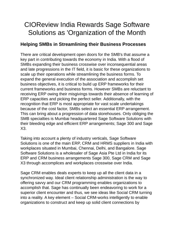 CIOReview India Rewards Sage Software Solutions as 'Organization of the Month