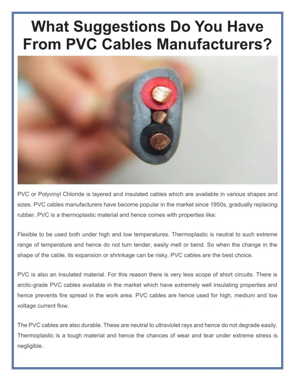 What Suggestions Do You Have From PVC Cables Manufacturers?