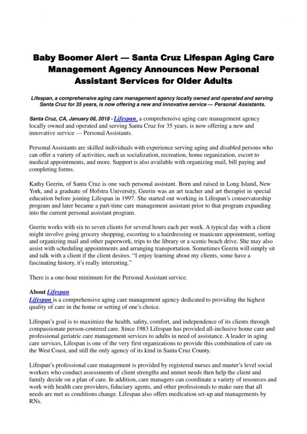 Baby Boomer Alert — Santa Cruz Lifespan Aging Care Management Agency Announces New Personal Assistant Services for Old