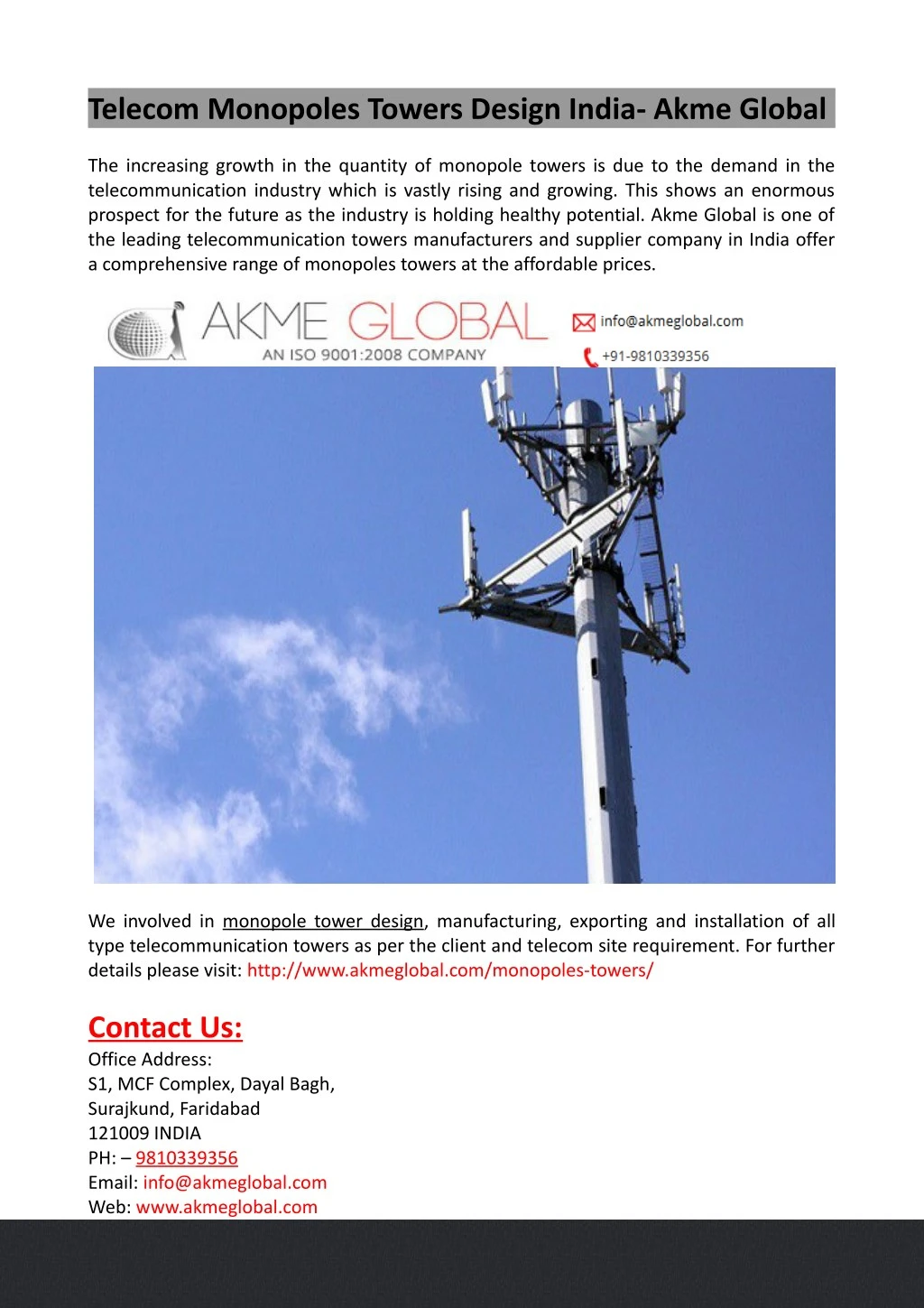 telecom monopoles towers design india akme global