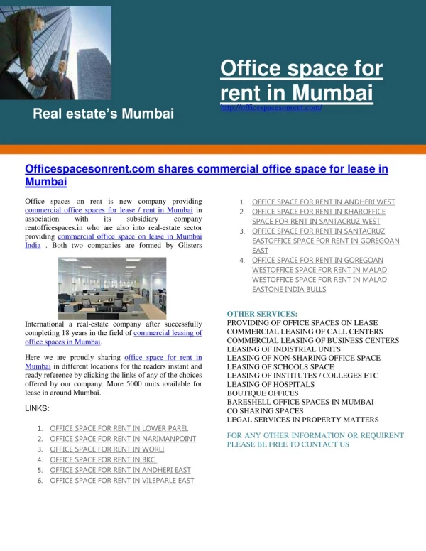 office space for rent in mumbai Andheri east bkc lower parel narimanpoint bandra khar sanatcruz malad goregoan commercia