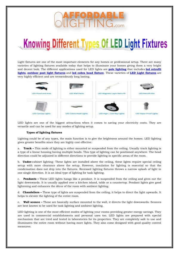 Knowing Different Types Of LED Light Fixtures