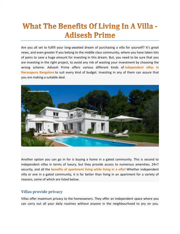 What The Benefits Of Living In A Villa - Adisesh Prime