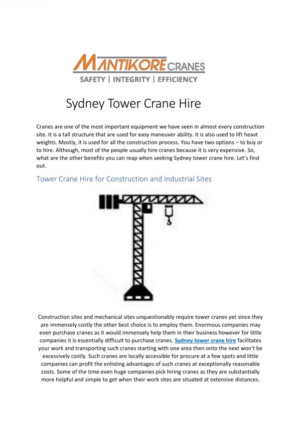 Hire Tower Crane in Sydney