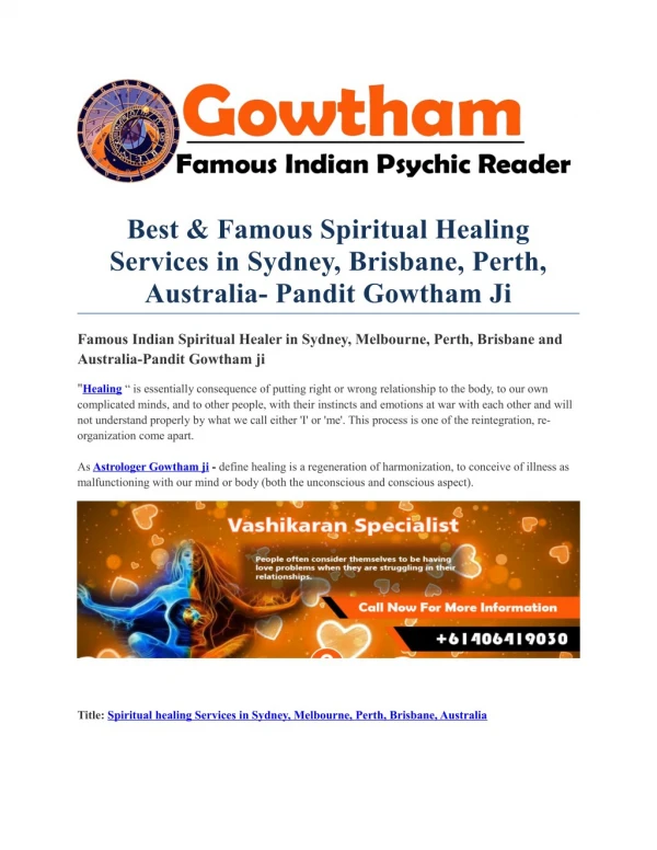 Best & Famous Spiritual Healing Services in Sydney, Brisbane, Perth, Australia- Pandit Gowtham Ji