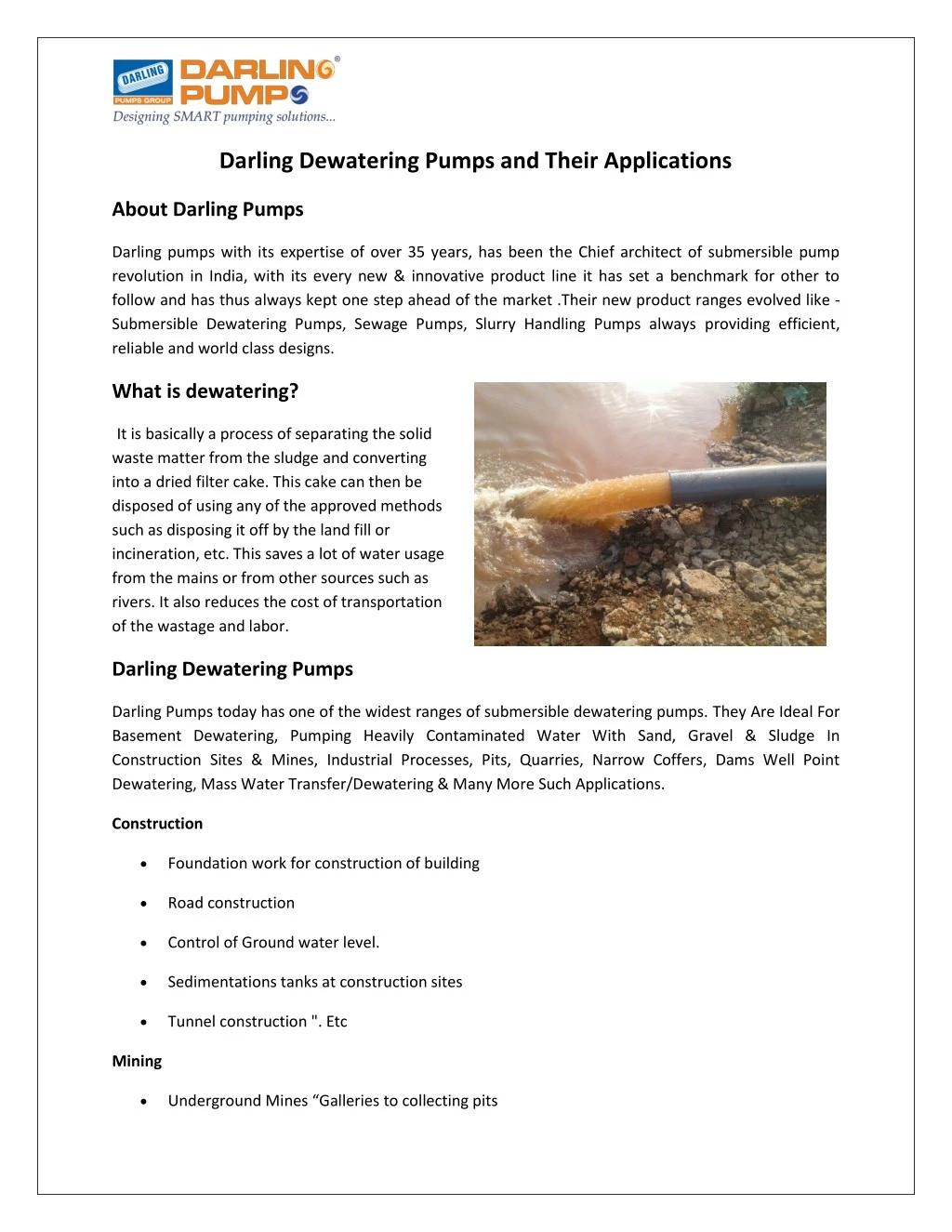 darling dewatering pumps and their applications