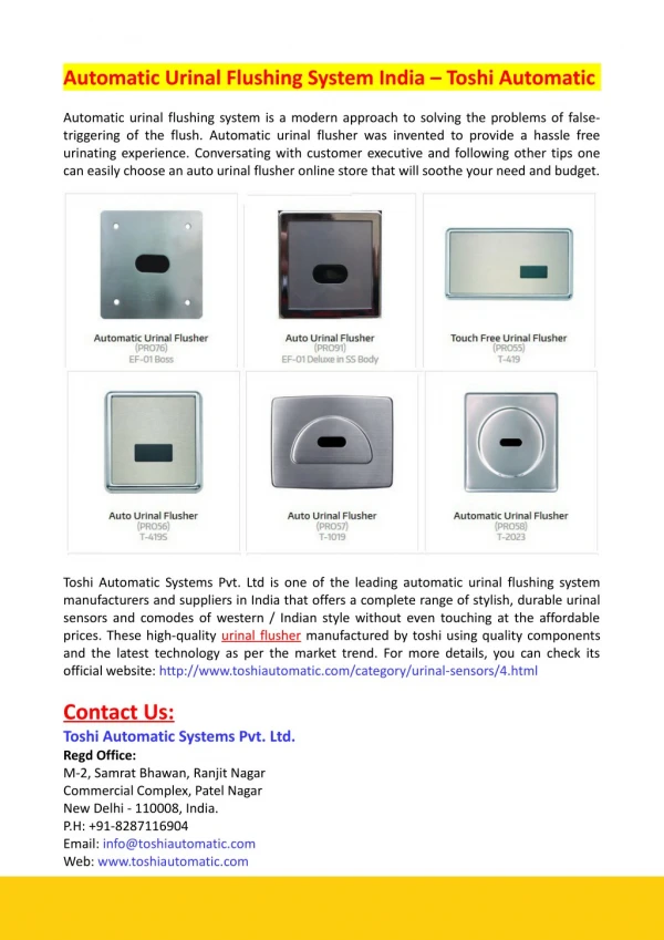 Automatic Urinal Flushing System India- Toshi Automatic