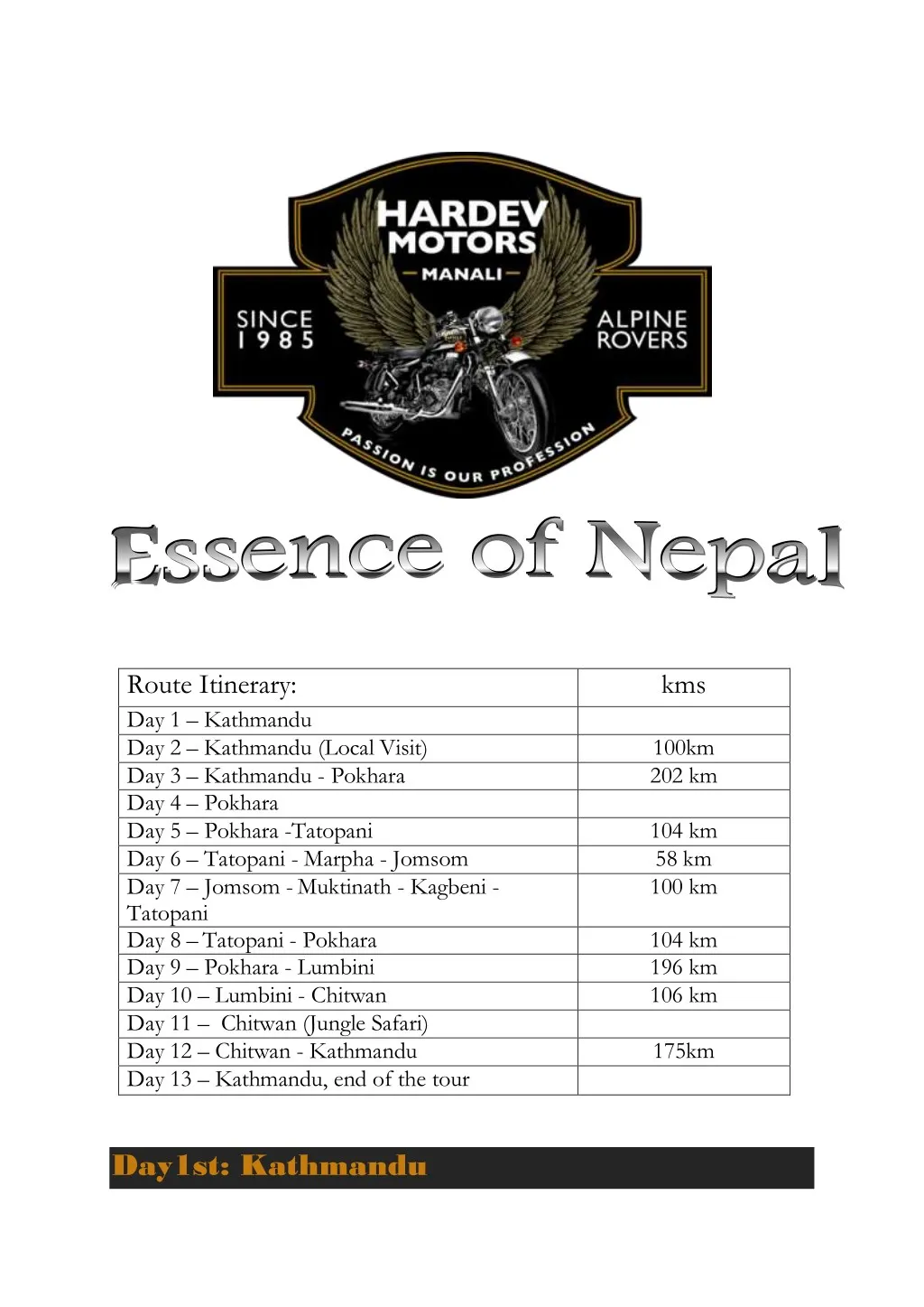 route itinerary day 1 kathmandu day 2 kathmandu