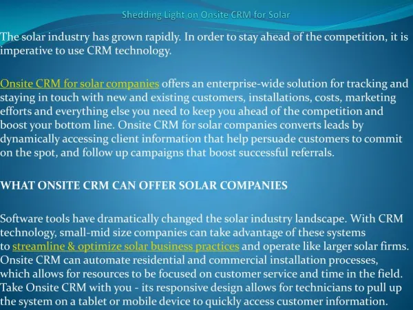 Shedding Light on Onsite CRM for Solar