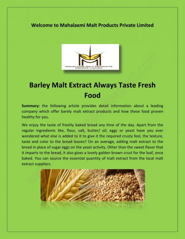 Barley malt powder, malt based food