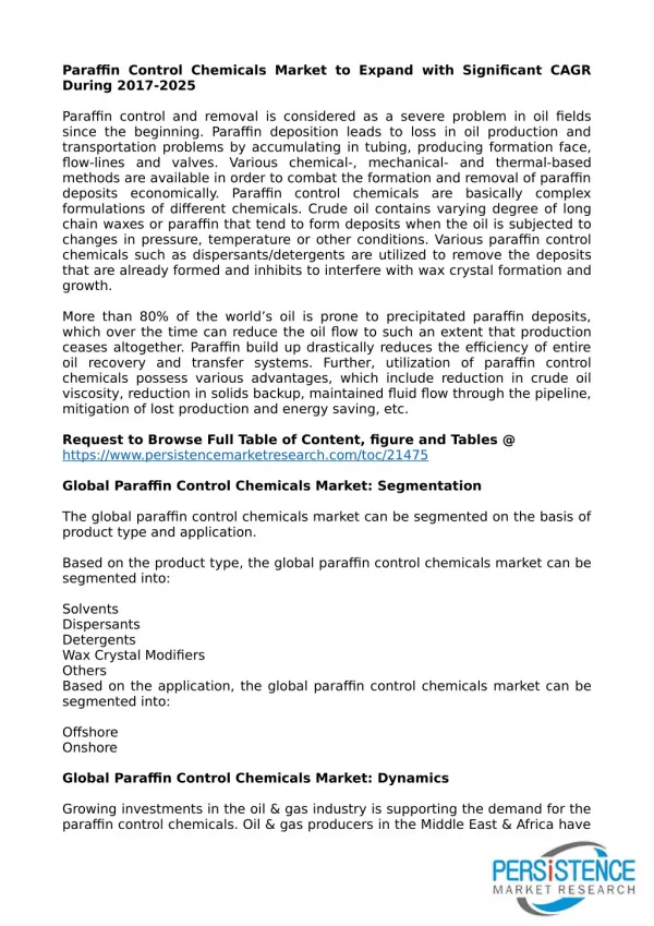 Paraffin Control Chemicals Market to Develop Rapidly by 2025