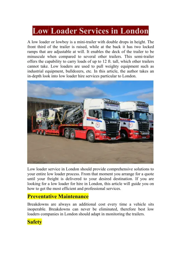 Low Loader Services in London