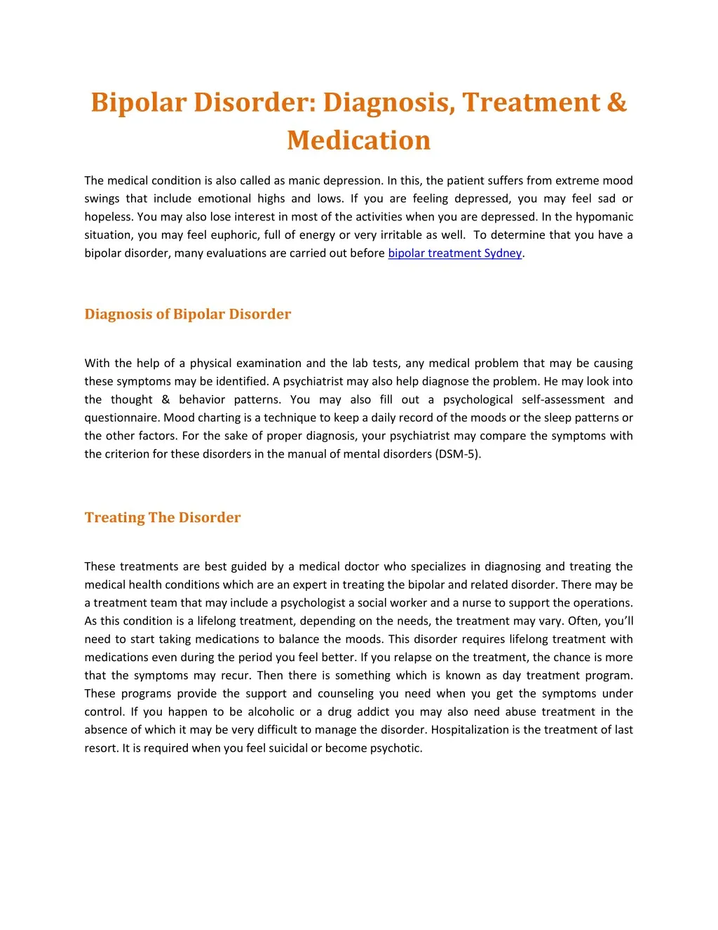 bipolar disorder diagnosis treatment medication