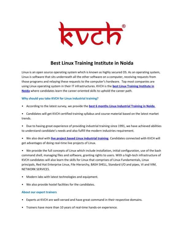 Best Linux industrial Training Institute for Six Month Training- KVCH