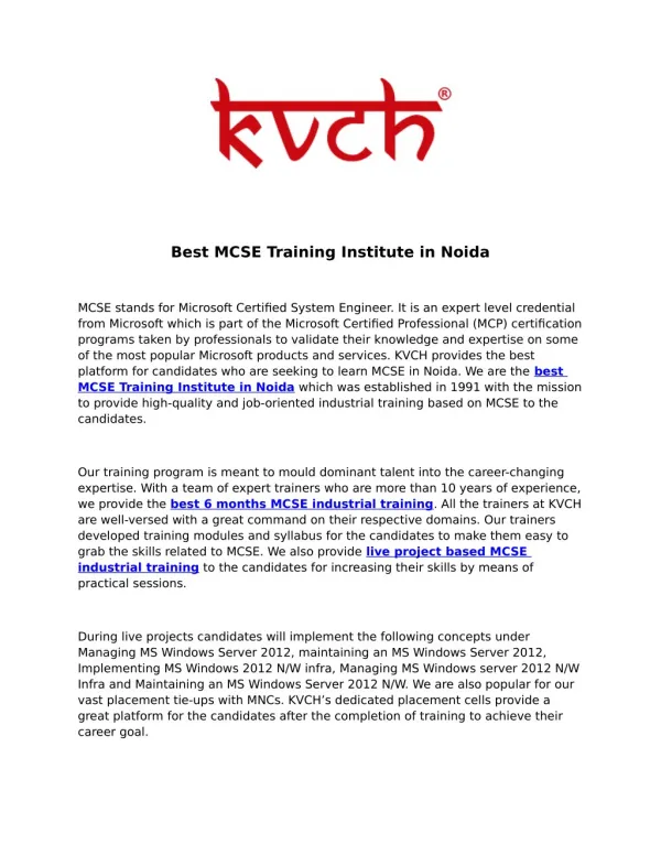Best MCSE Industrial Training Institute for Six Month Training- KVCH