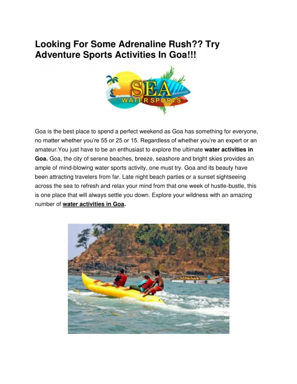Looking For Some Adrenaline Rush?? Try Adventure Sports Activities In Goa!!!