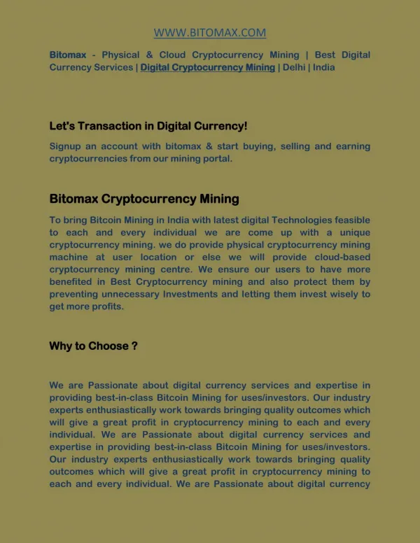 Bitomax - Physical & Cloud Cryptocurrency Mining | Best Digital Currency Services | Digital Cryptocurrency Mining | Delh