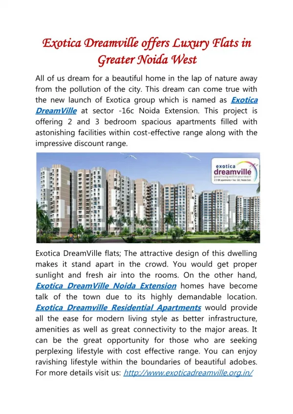 Exotica Dreamville offers Luxury Flats in Greater Noida West