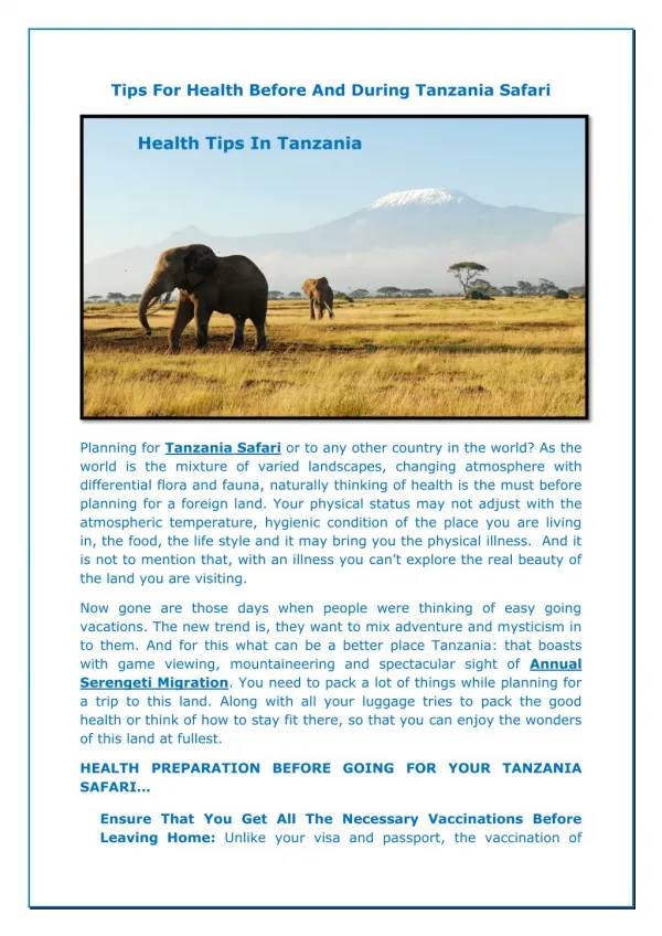 Tips For Health Before And During Tanzania Safari