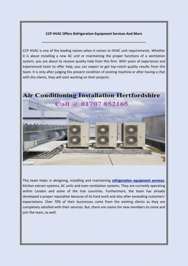 CCP HVAC Offers Refrigeration Equipment Services And More