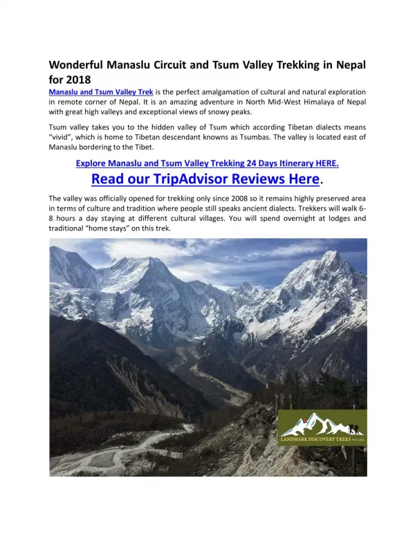 Wonderful Manaslu Circuit and Tsum Valley Trekking in Nepal for 2018