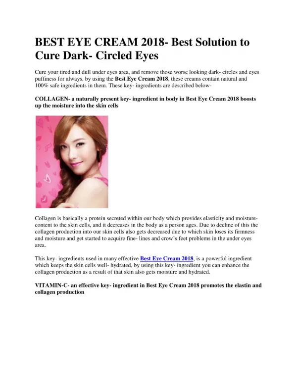 BEST EYE CREAM 2018- Best Solution to Cure Dark- Circled Eyes