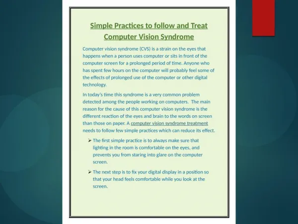 Simple Practices to follow and Treat Computer Vision Syndrome