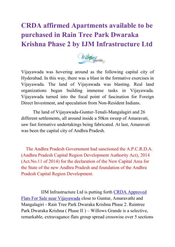 CRDA affirmed Apartments available to be purchased in RainTree Park Dwaraka Krishna Phase 2