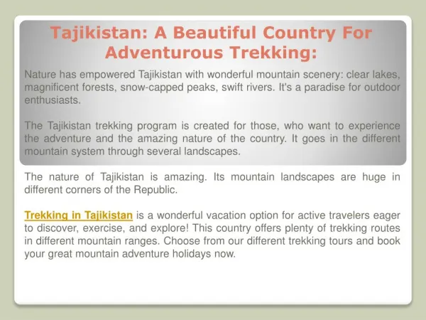 Tajikistan: A Beautiful Country For Adventurous Trekking: