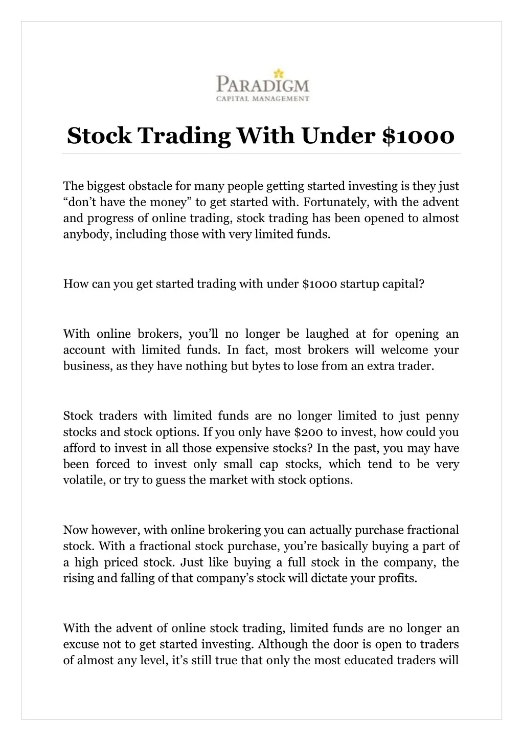 stock trading with under 1000