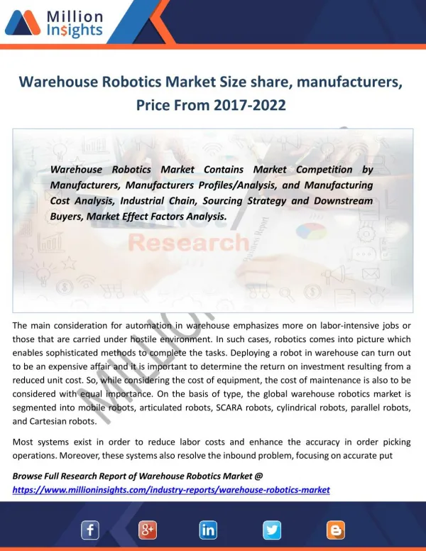 Warehouse Robotics Market Overview, Trends, Volume, Price Forecast 2022