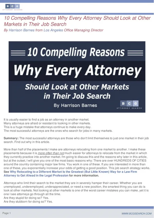10 Compelling Reasons Why Every Attorney Should Look at Other Markets in Their Job Search