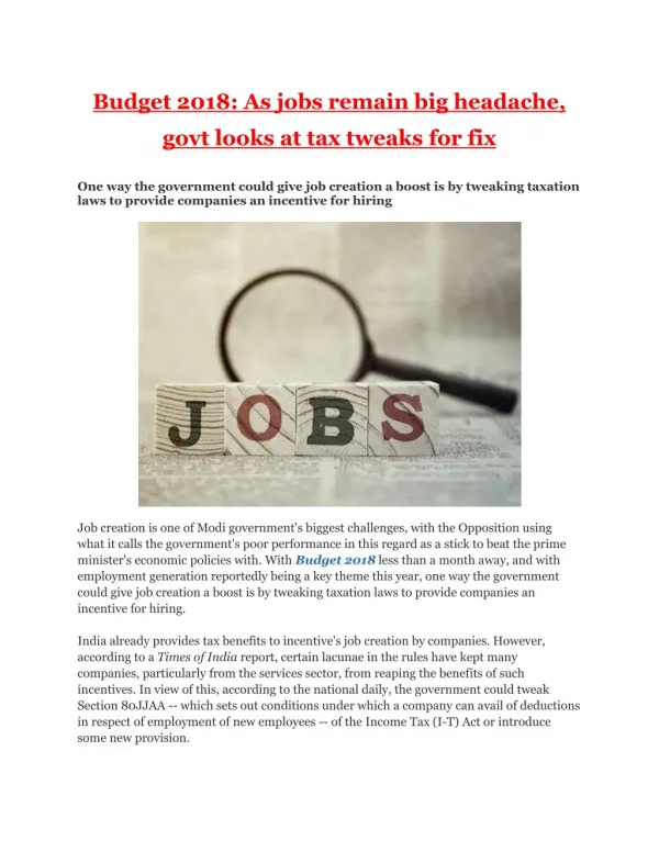 Budget 2018: As jobs remain big headache, govt looks at tax tweaks for fix