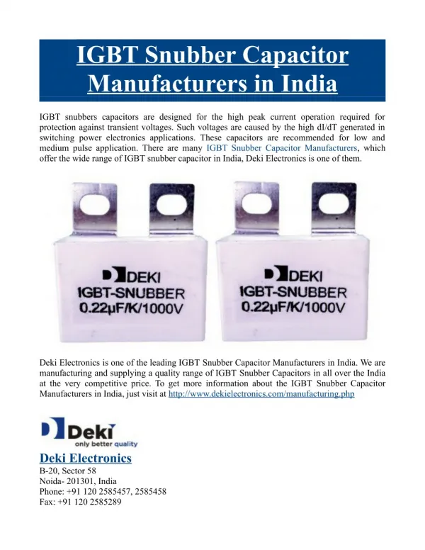 IGBT Snubber Capacitor Manufacturers in India