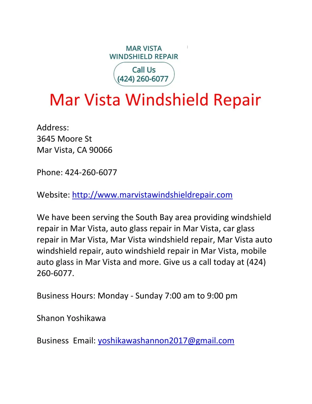 mar vista windshield repair address 3645 moore
